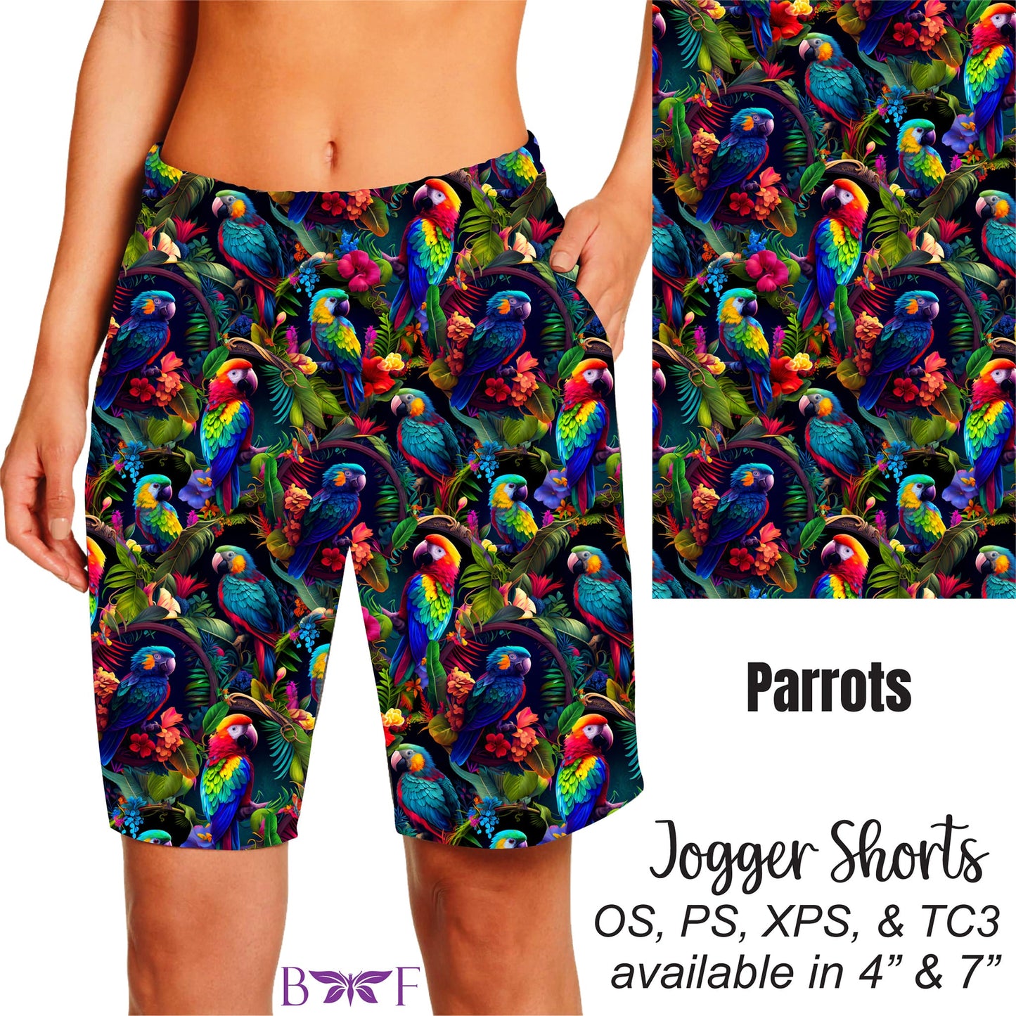 Tropical Parrot capris, capri joggers, and shorts