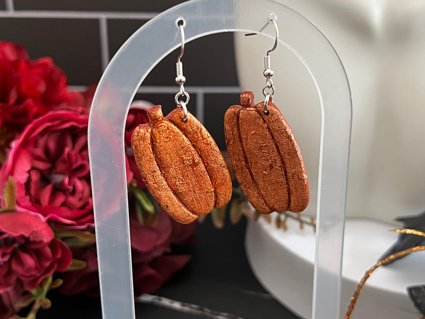 Copper Rough Pumpkins Spooky Hook Earrings