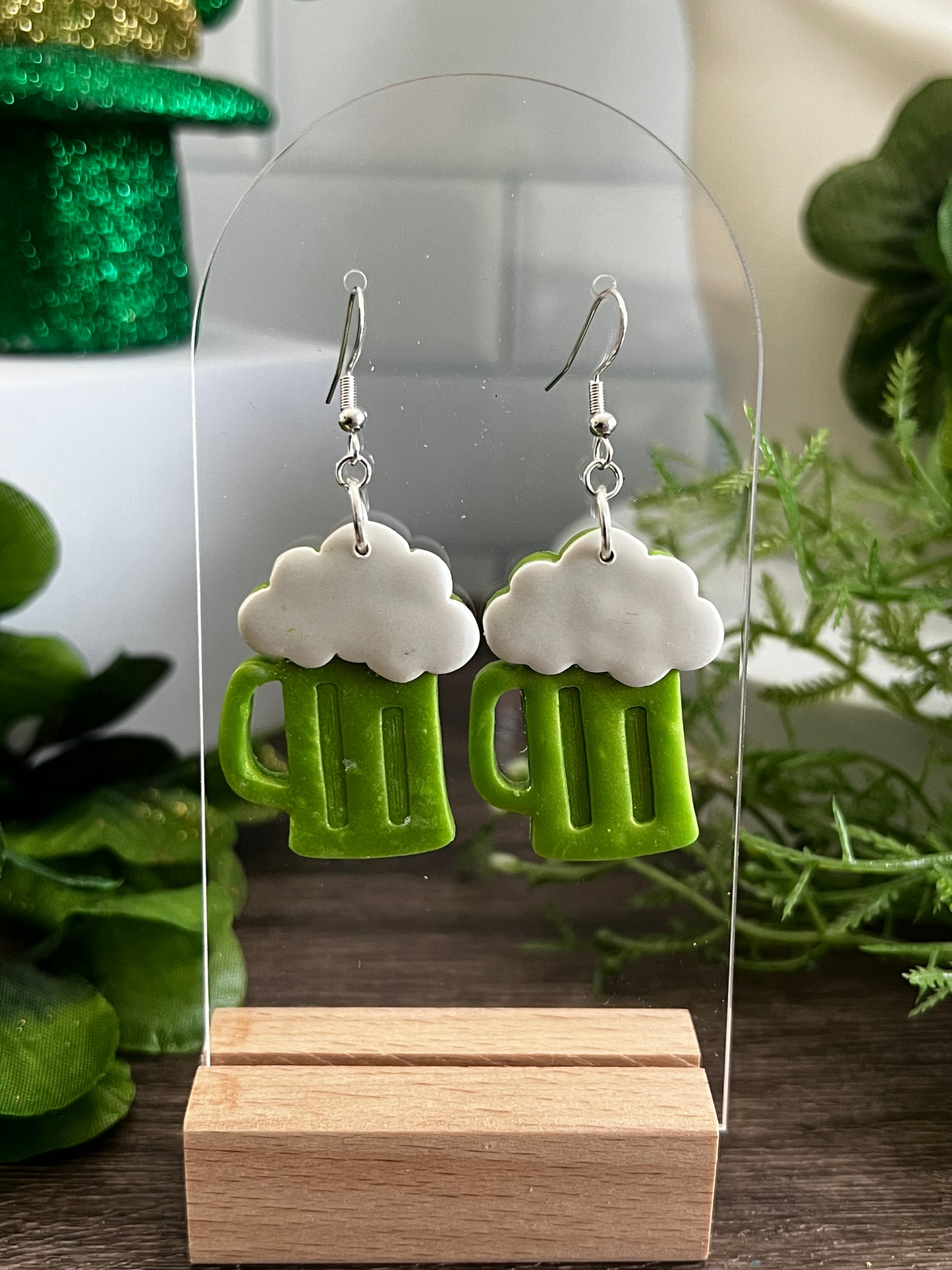 Green Beer Large Dangle- St. Patrick's-  Hook Earring