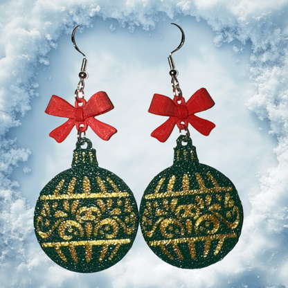 Christmas Ornament with Bow- 3D Printed Earrings - Christmas