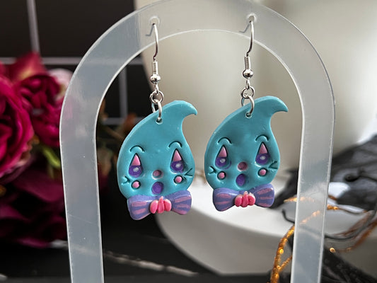 Retro Bowtie Ghosties Spooky Hook Earrings- Blue