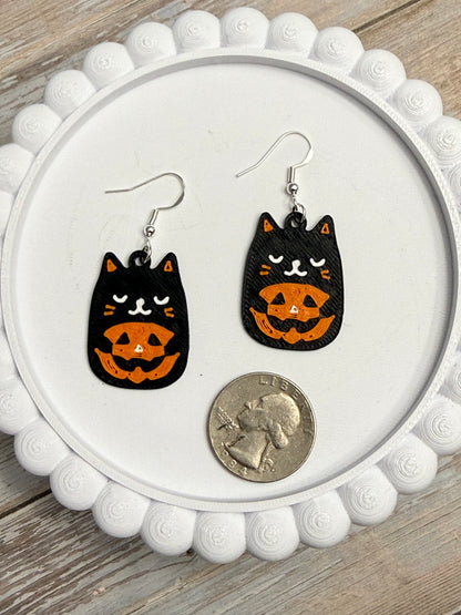 Cat Pumpkin- 3D Printed Earrings - Halloween