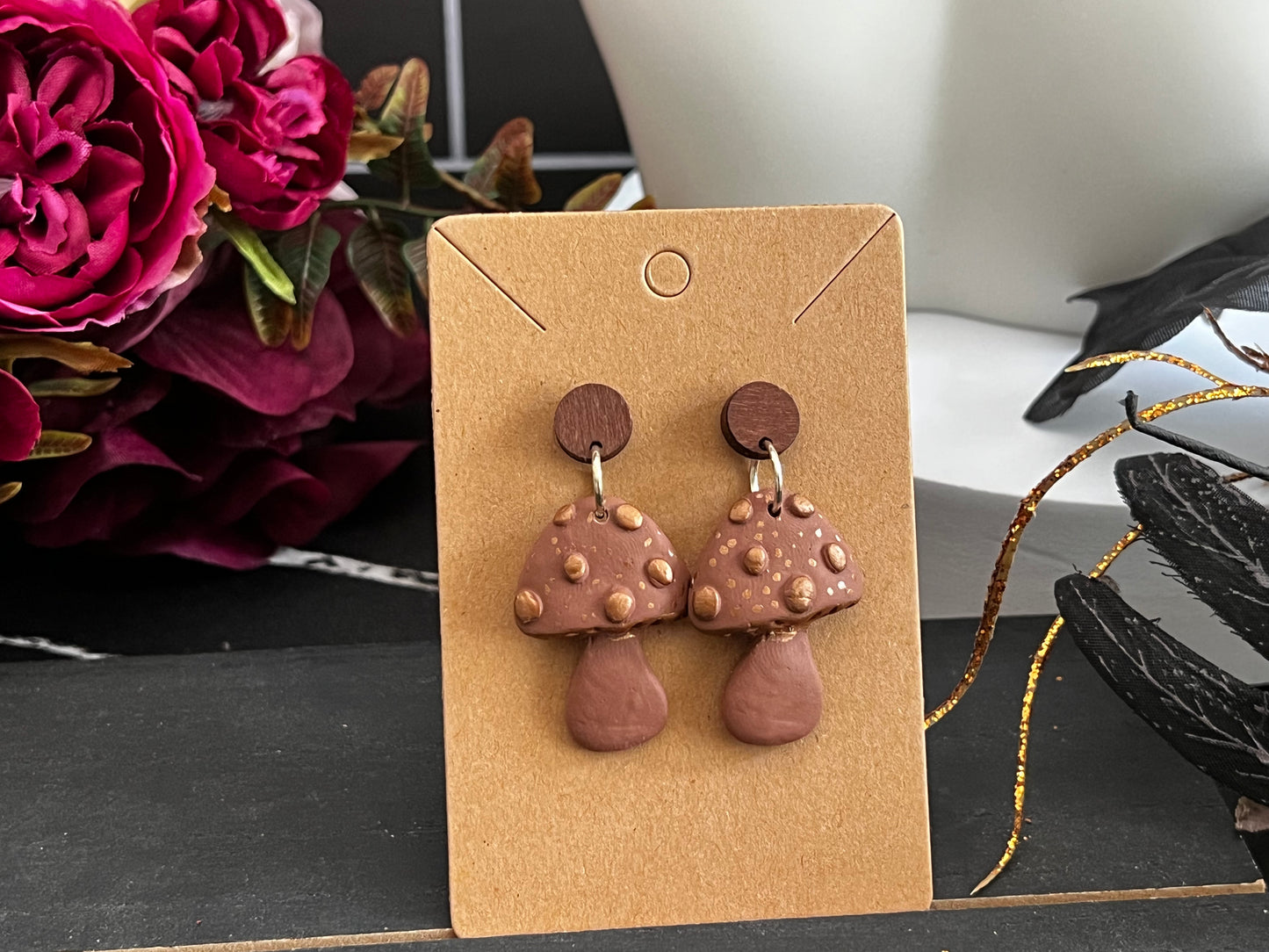 Brown Toadstool Spooky Stud Earrings