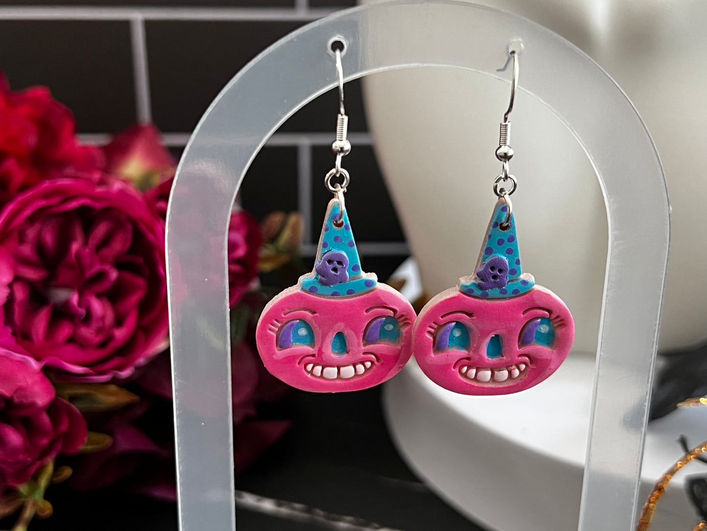 Retro Carnival Pumpkin Spooky Hook Earrings-Pink