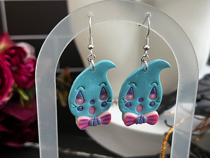 Retro Bowtie Ghosties Spooky Hook Earrings- Blue
