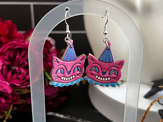 Retro Clown Cat Spooky Hook Earrings- Pink