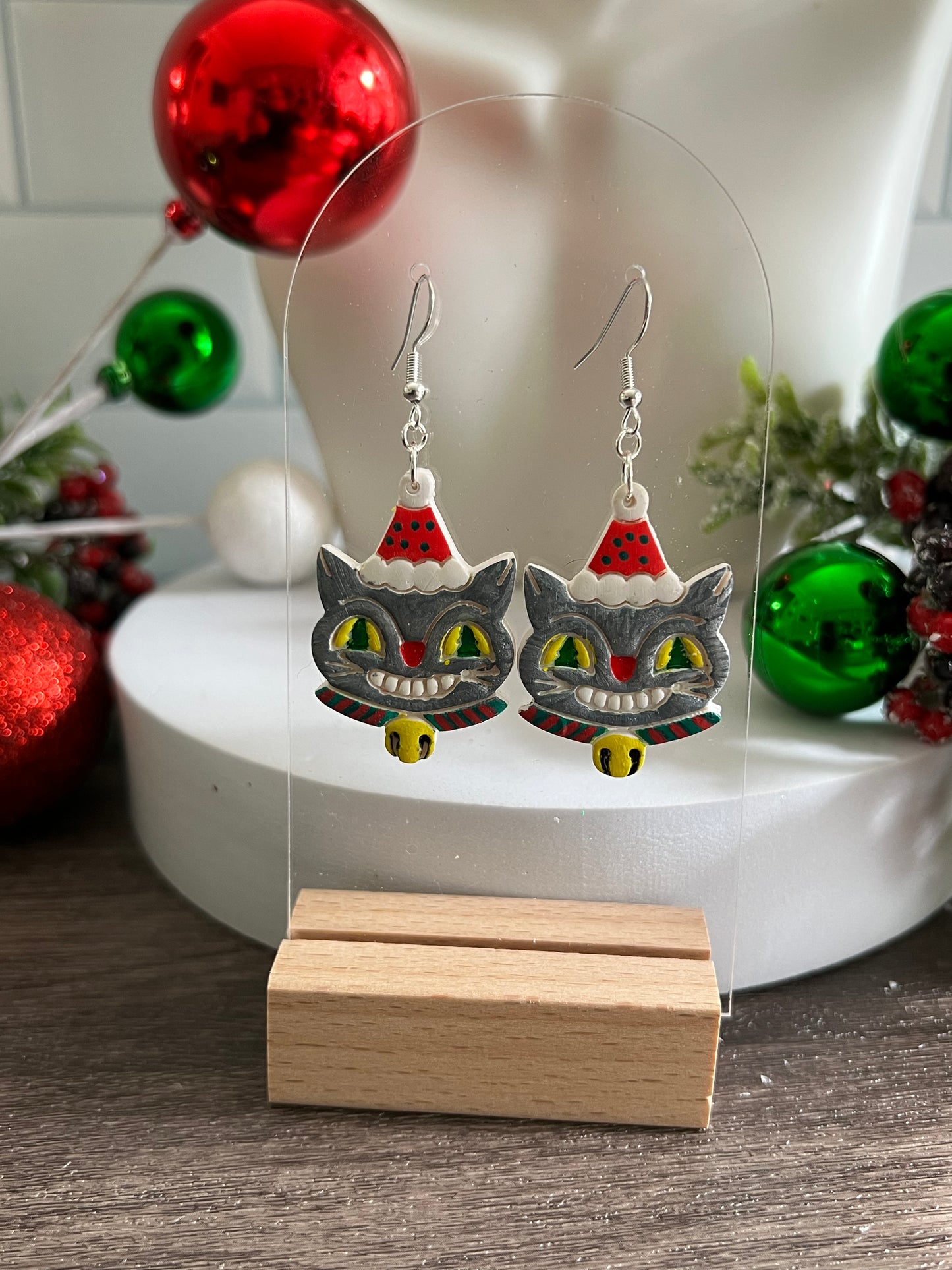 Vintage Christmas Cat- Grey- Merry Collection- Hook Earring