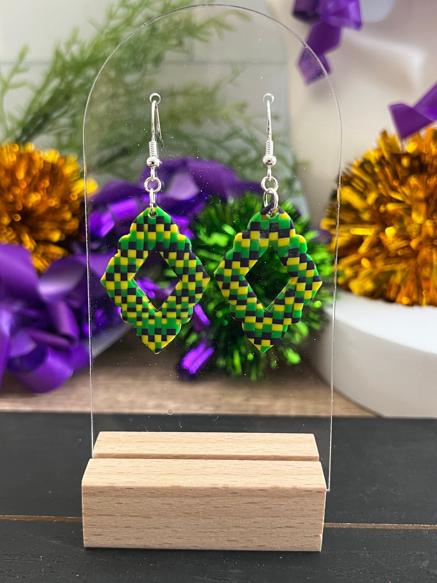 Checkered Diamond- Mardi Gras- Hook Earring