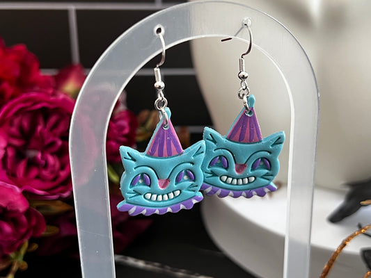 Retro Clown Cat Spooky Hook Earrings- Blue