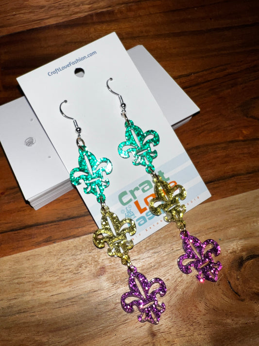 Triple Fleur de Lis - Acrylic Earrings- Mardi Gras