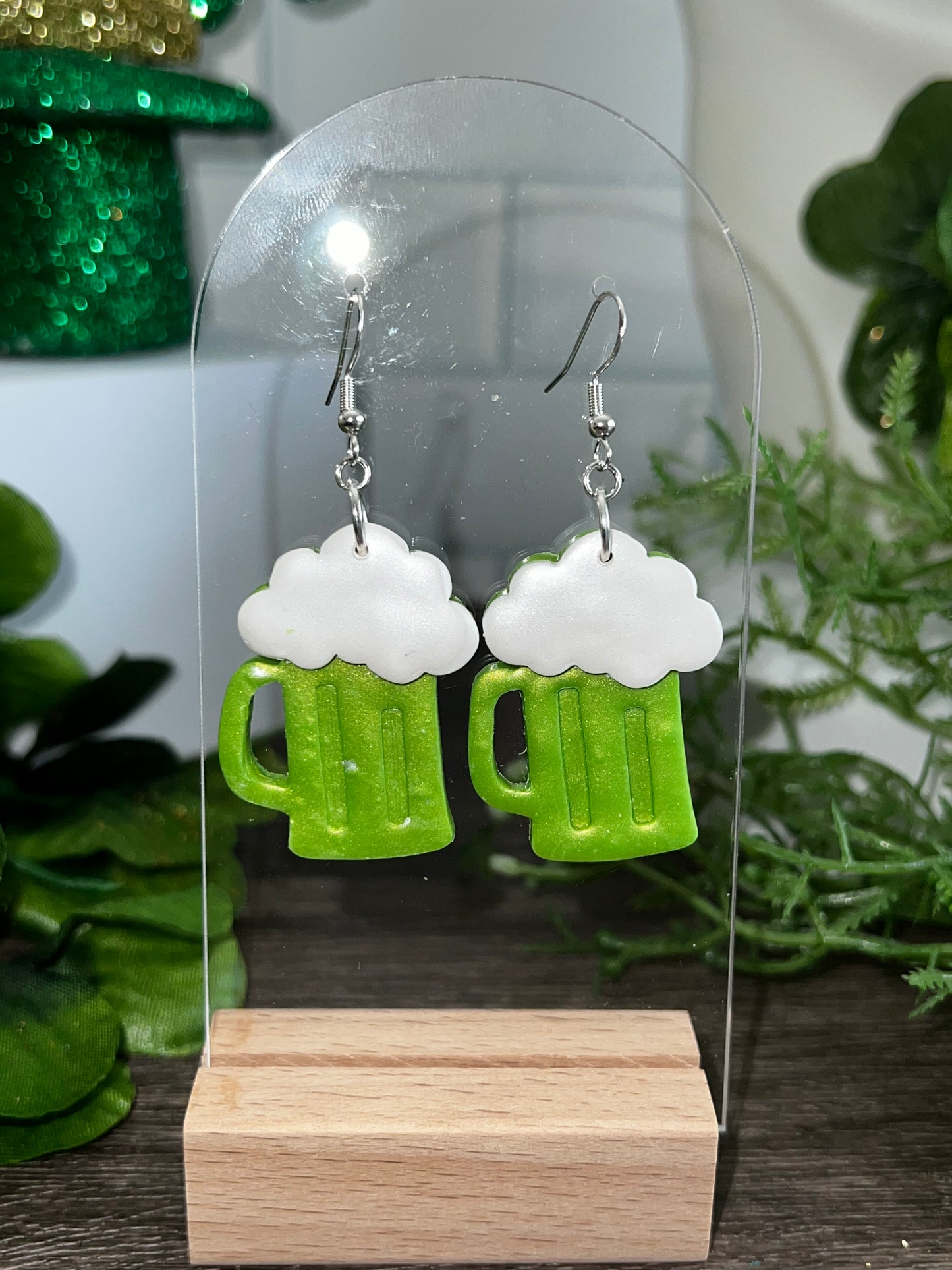 Green Beer Large Dangle- St. Patrick's-  Hook Earring