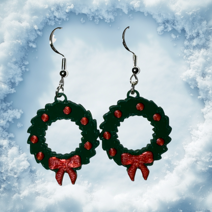 Wreath- 3D Printed Earrings - Christmas
