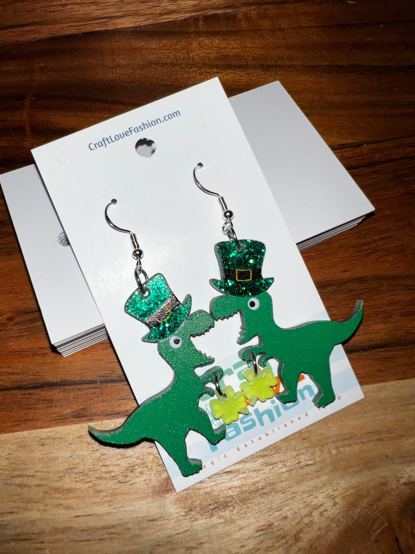 Lucky T-Rex- Acrylic Earrings- St. Patrick’s Day