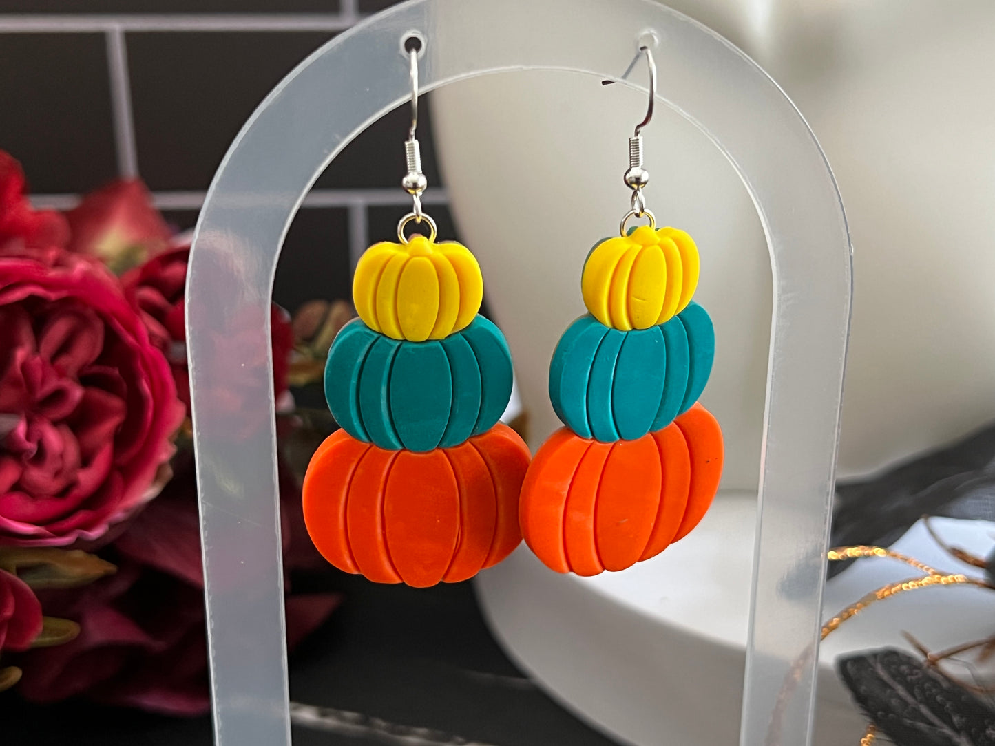 Bright Stacked Pumpkins Spooky Hook Earrings- H