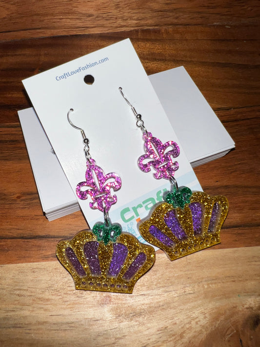 King Crown- Acrylic Earrings- Mardi Gras