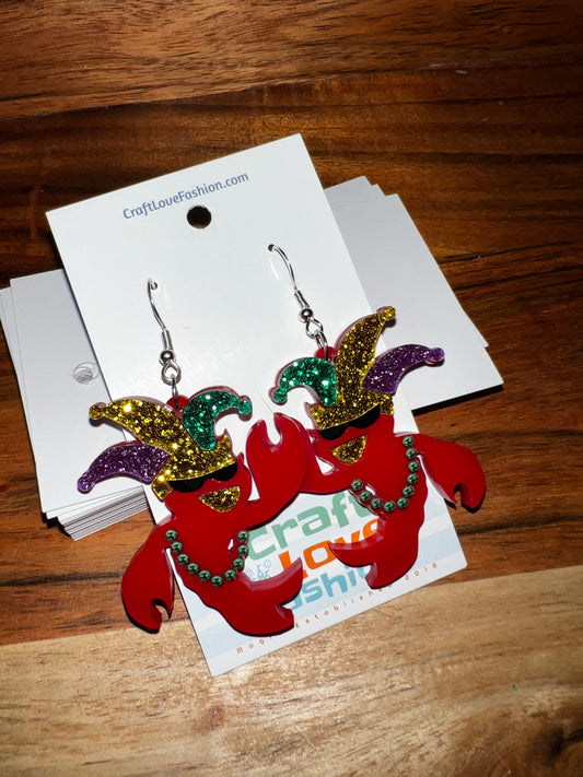 Crawfish Crown- Acrylic Earrings- Mardi Gras