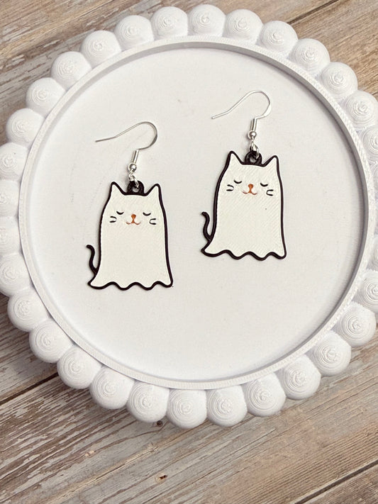 Cat Ghost- 3D Printed Earrings - Halloween