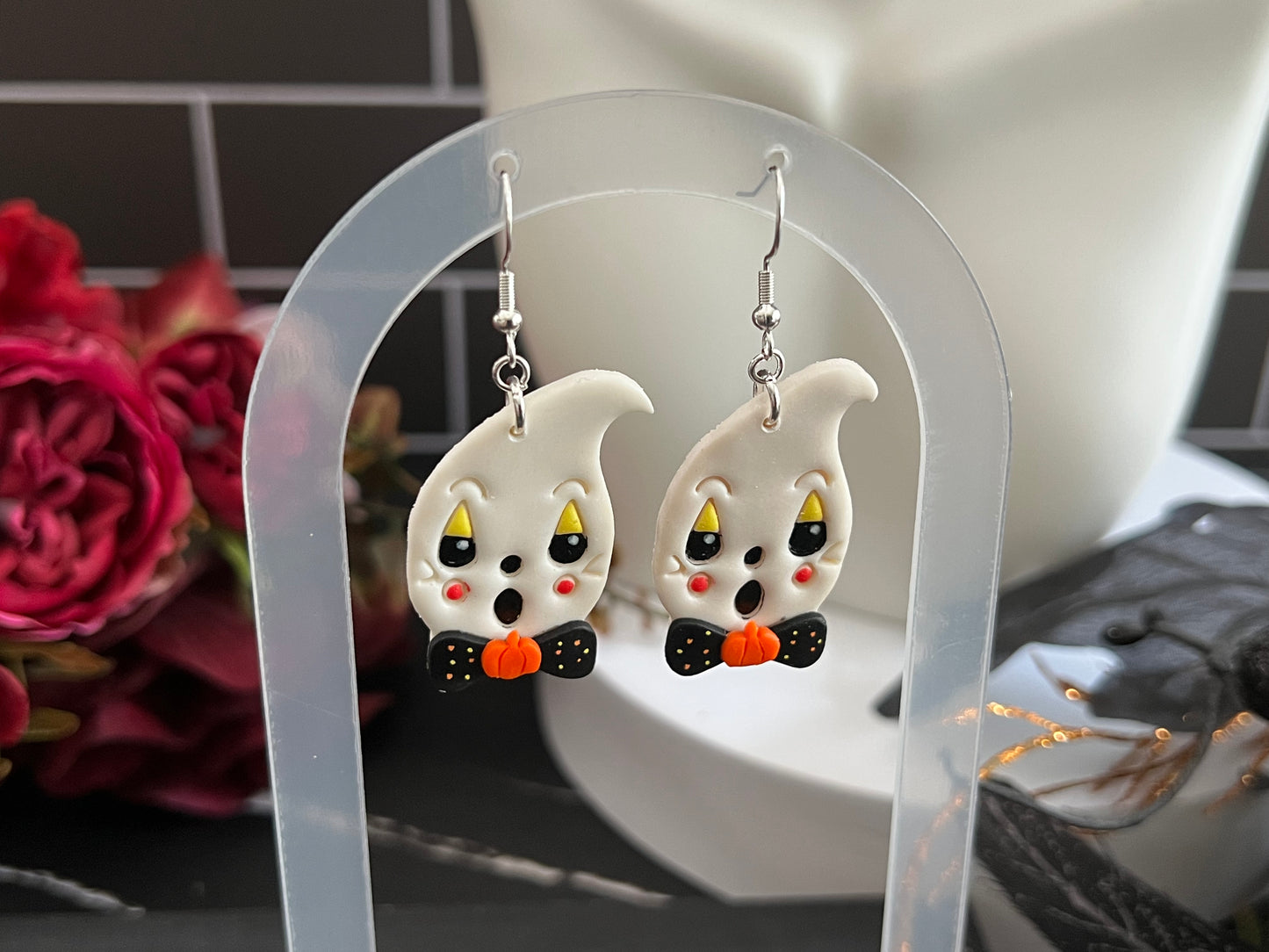 Retro Bowtie Ghosties Spooky Hook Earrings