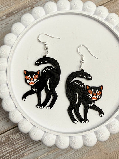 Vintage Black Cat- 3D Printed Earrings - Halloween