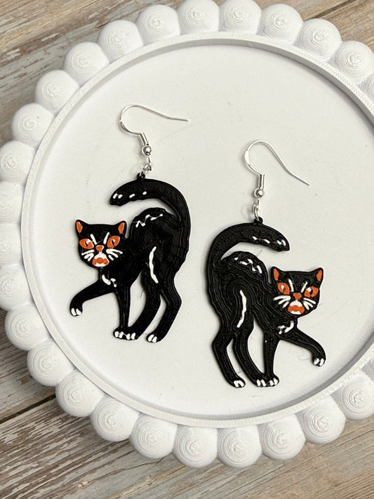 Vintage Black Cat- 3D Printed Earrings - Halloween
