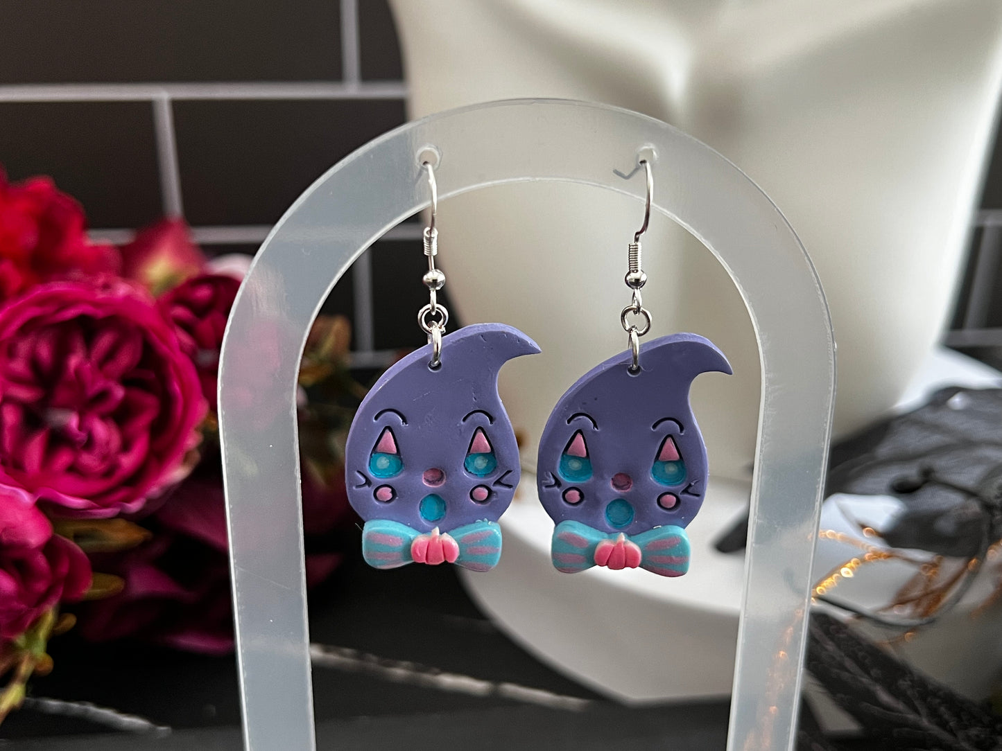 Retro Bowtie Ghosties Spooky Hook Earrings- Purple