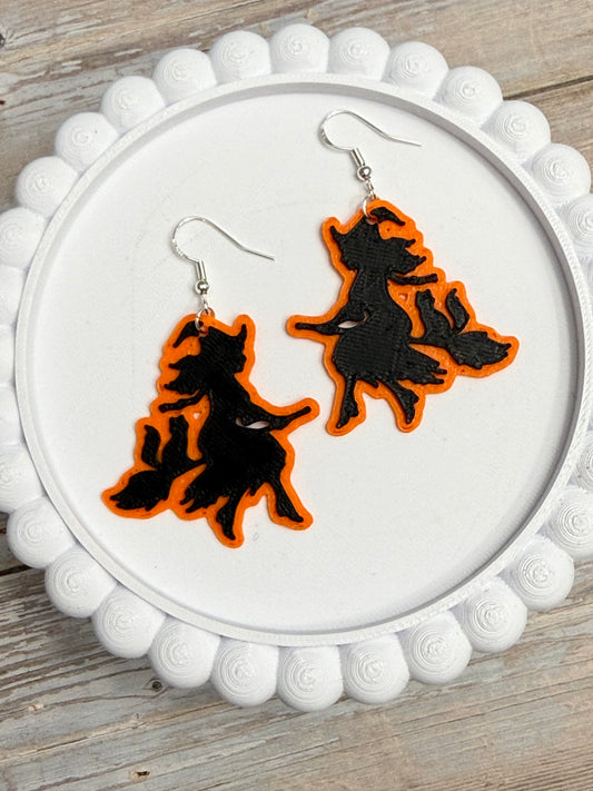 Flying Witch Silhouette- 3D Printed Earrings - Halloween