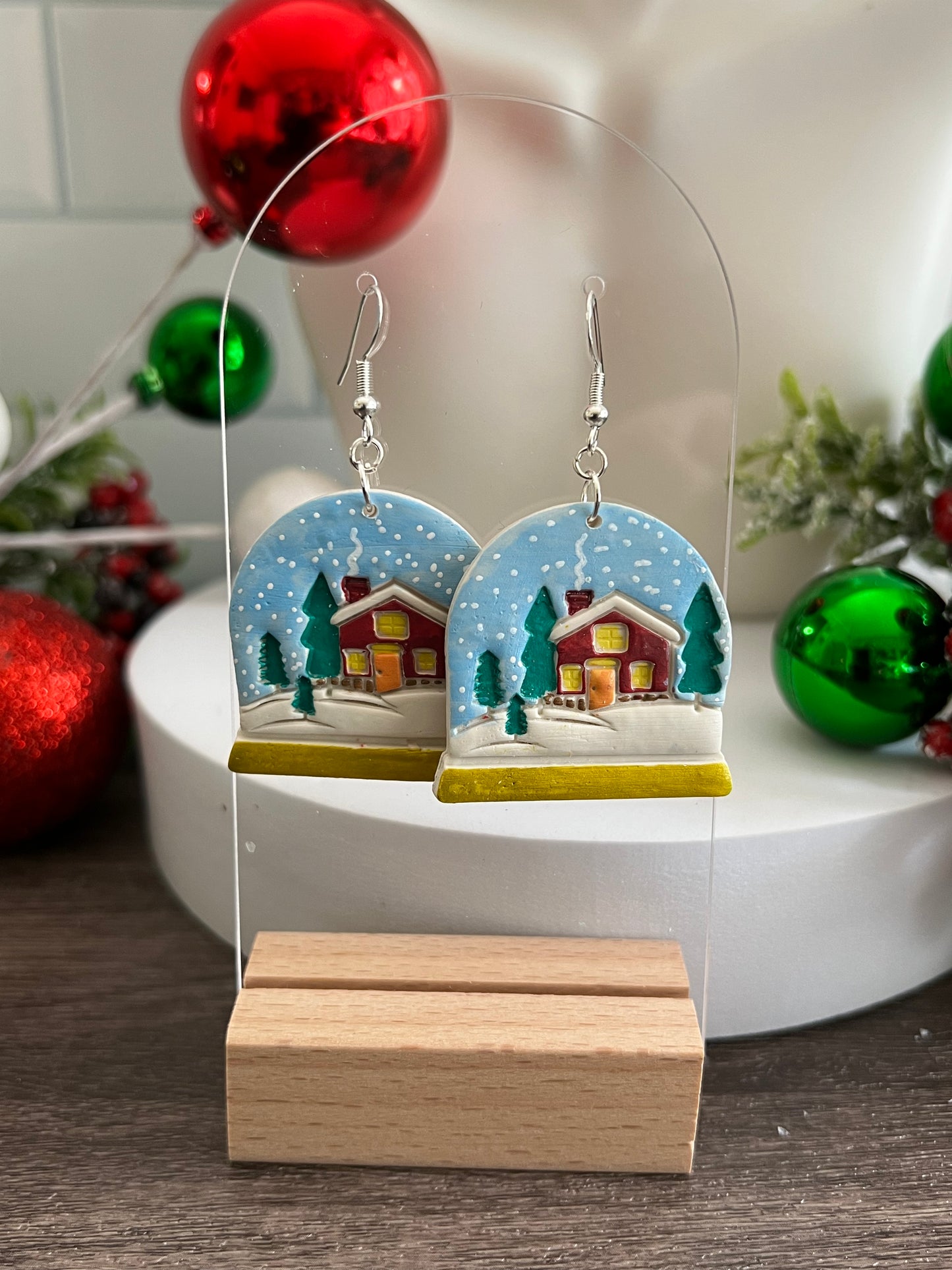 Cabin Snow Globe- Merry Collection- Hook Earring