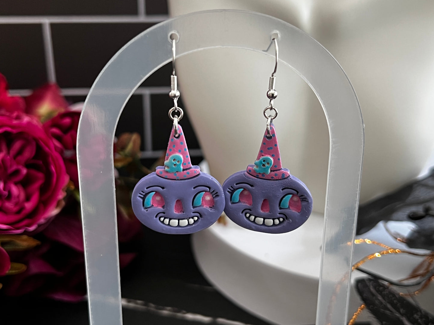 Retro Carnival Pumpkin Spooky Hook Earrings-Purple