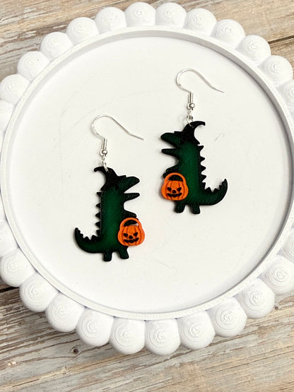 Trick or Treat Dino- 3D Printed Earrings - Halloween