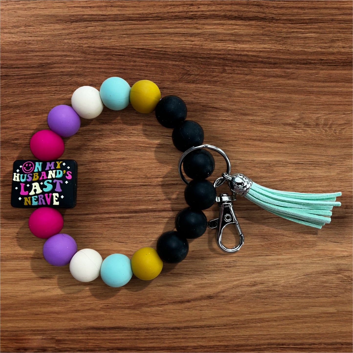 On My Husband’s Last Nerve Silicone Keychain Beaded Wristlet with Tassel