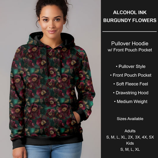 B266 - Preorder Alcohol Ink Burgundy Flowers Pullover Hoodie (Closes 12/17. ETA late Feb.)