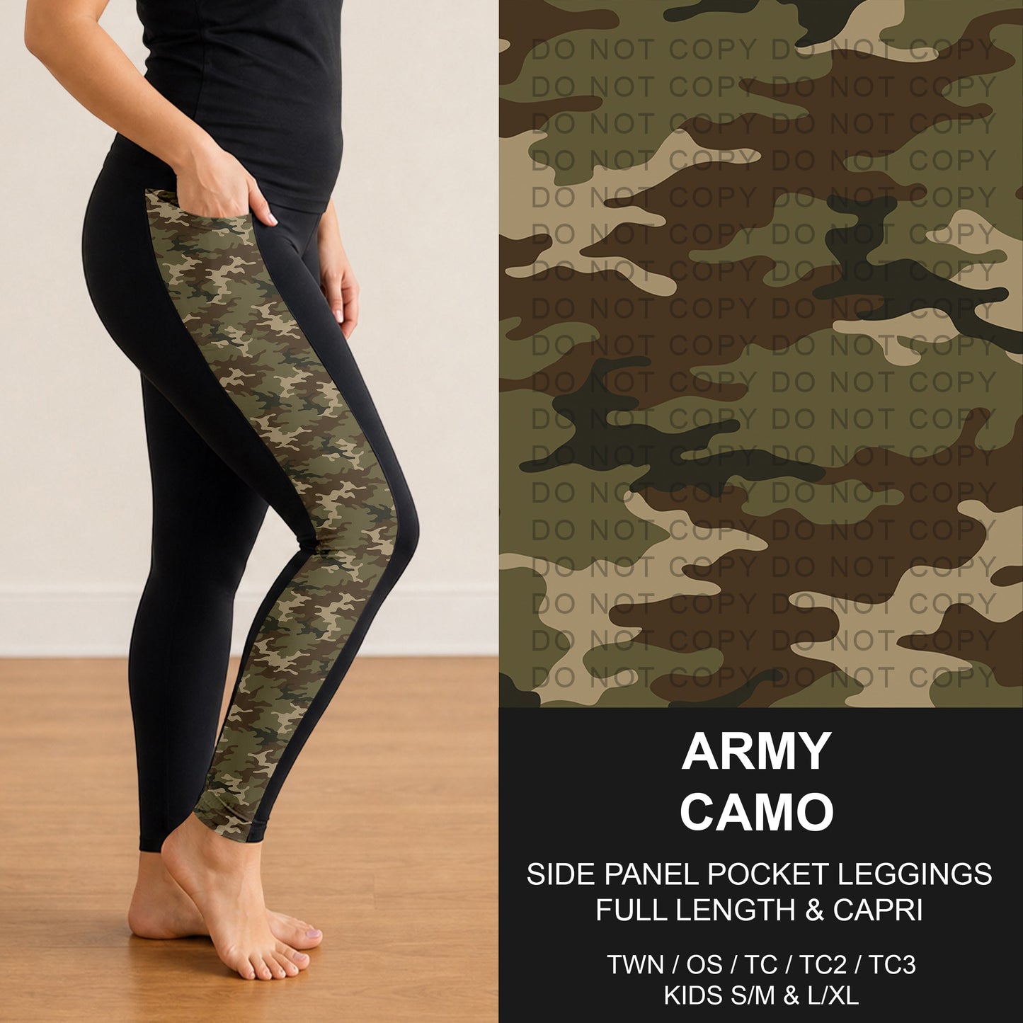 B300 - Preorder Army Camo Side Panel Pocket Leggings (Closes 7/15. ETA: mid Sept.)