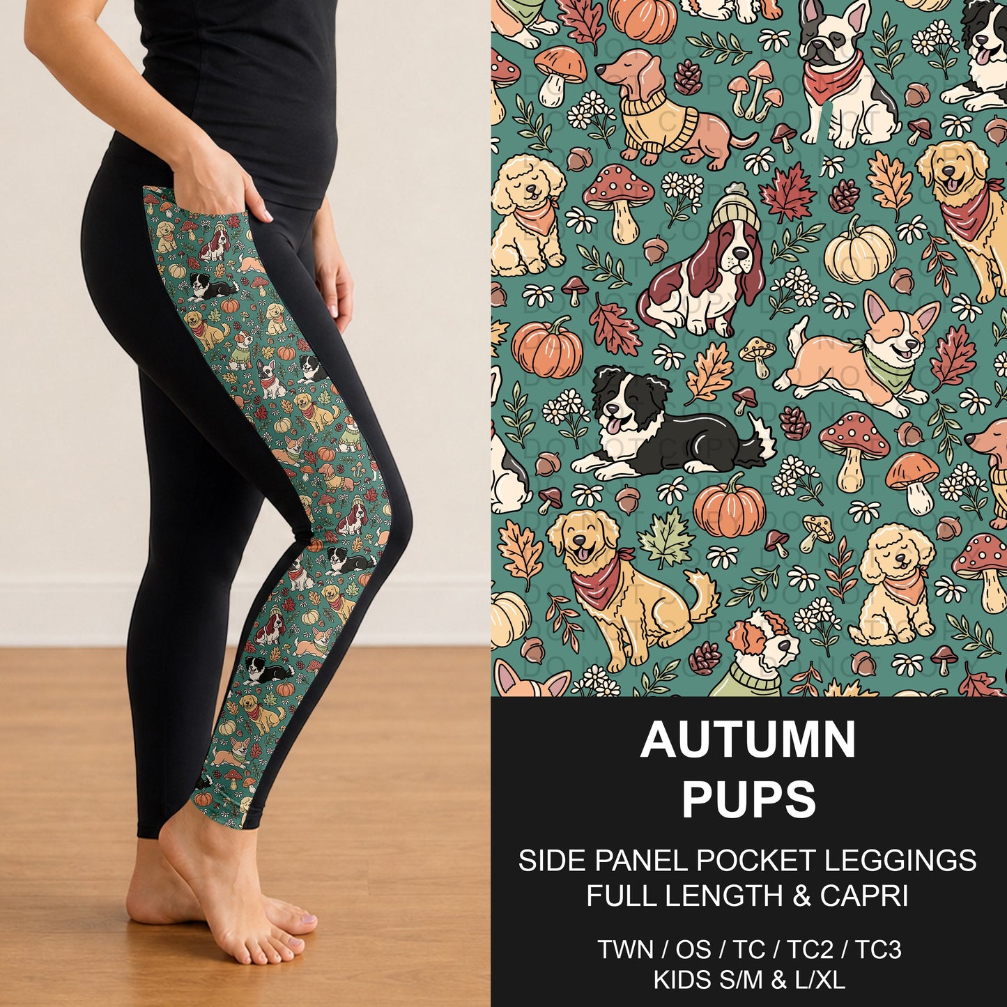B308 - Preorder Autumn Pups Side Panel Pocket Leggings (Closes 8/16. ETA: late Oct.)