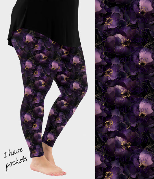 RTS - Alcohol Ink Violet Flowers Leggings w/ Pockets