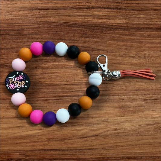 Spooky Babe Silicone Keychain Beaded Wristlet with Tassel