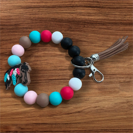 Boho Horse Silicone Keychain Beaded Wristlet with Tassel