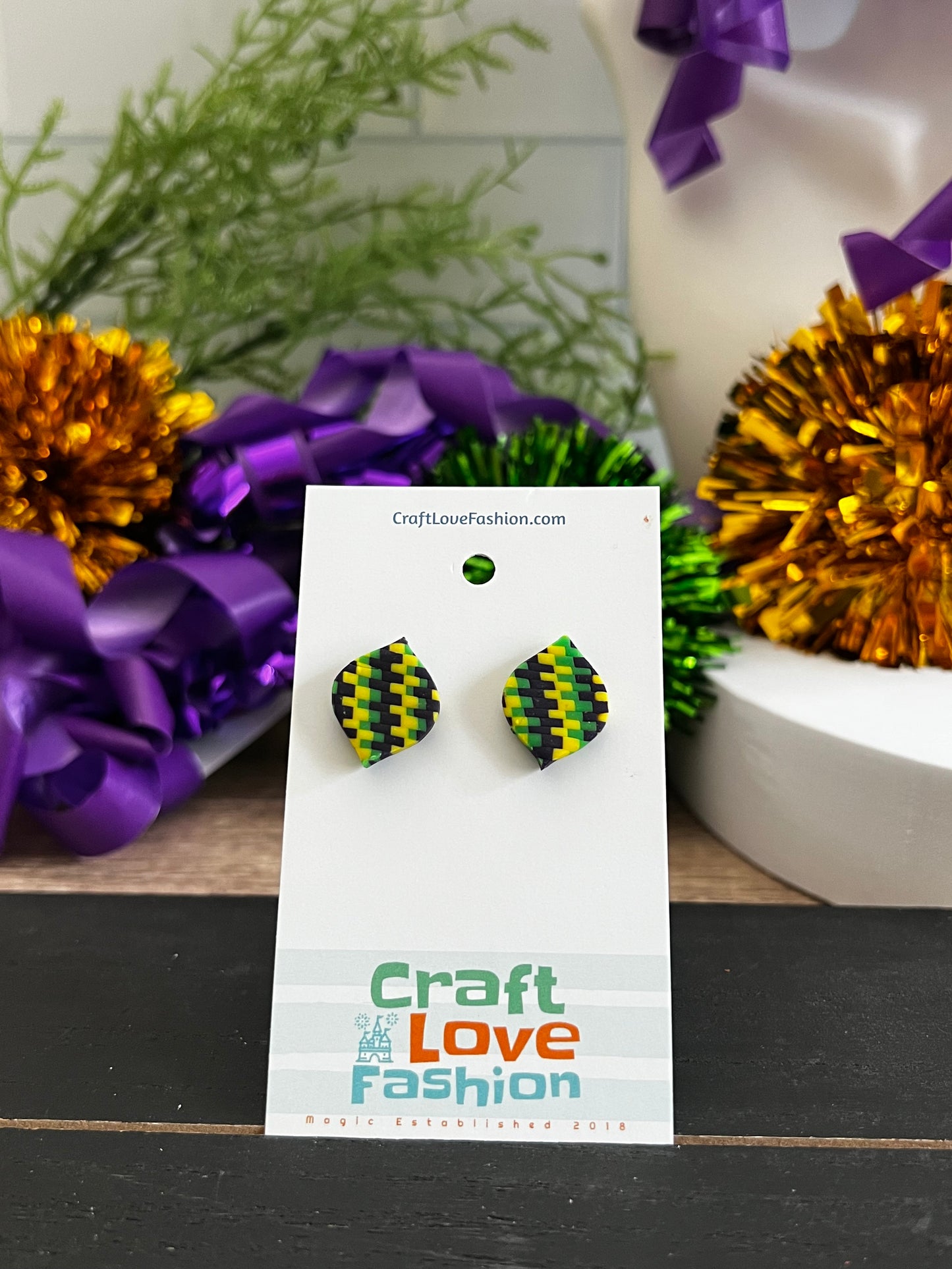 Checkered Lemon- Mardi Gras- Stud Earring