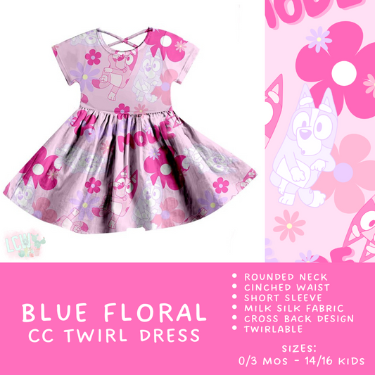 Ready To Ship - Criss Cross Twirl Dresses - early/mid Sept - Blue Floral Kids Twirl Criss Cross Dress