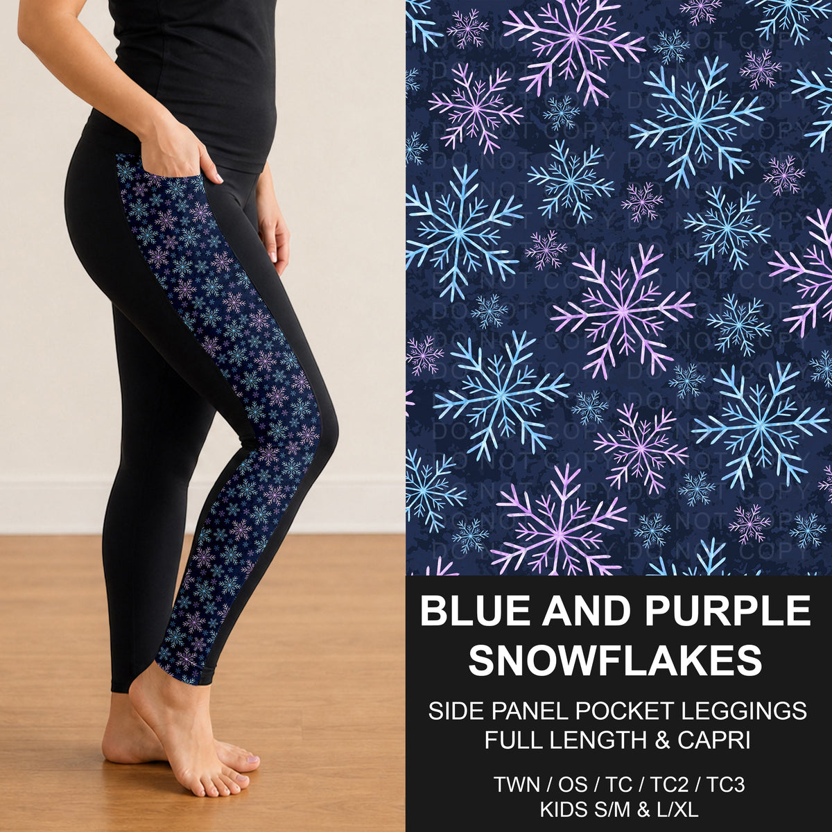 B315 - Preorder Blue and Purple Snowflakes Side Panel Pocket Leggings (Closes 10/04. ETA: early Dec.)