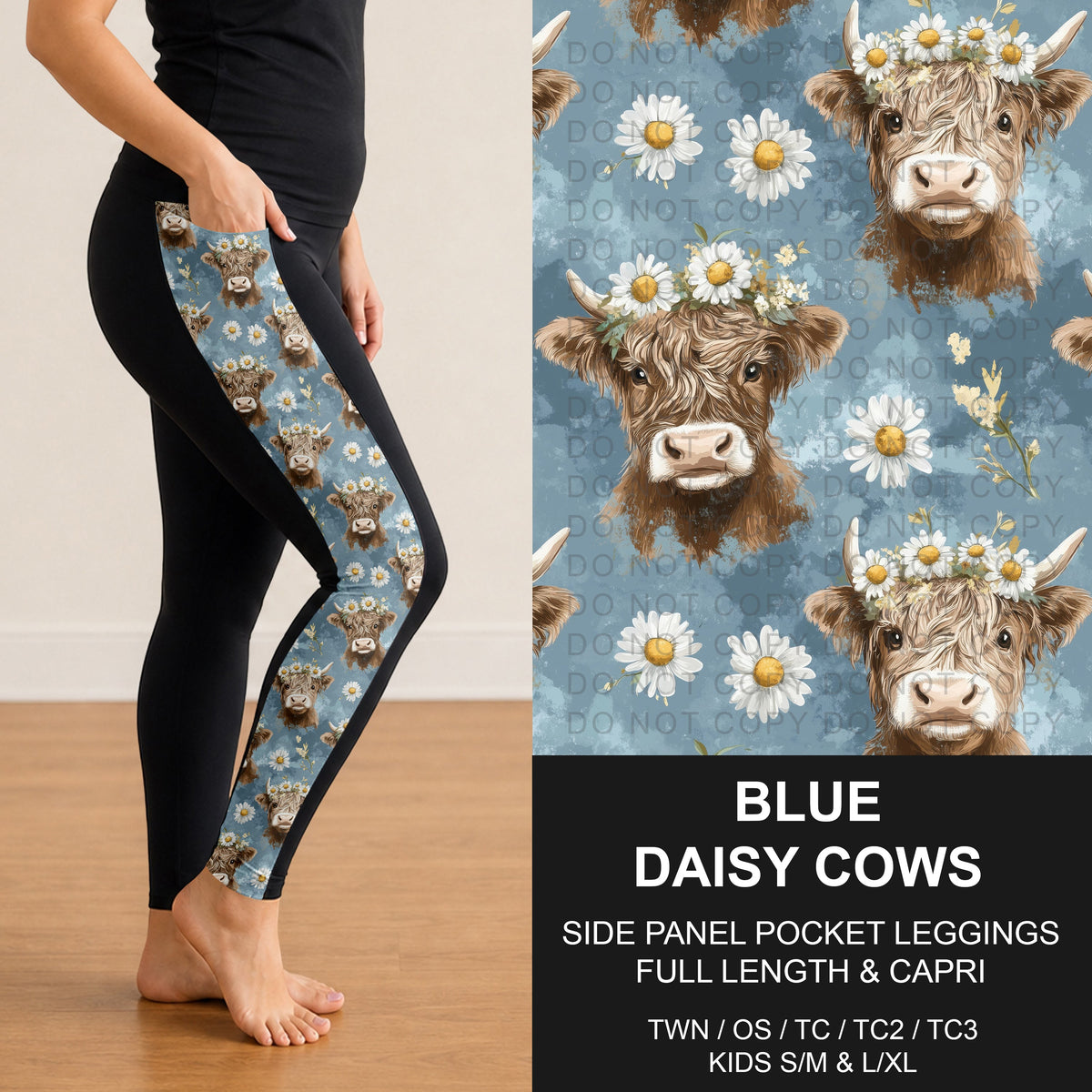 B317 - Preorder Blue Daisy Cows Side Panel Pocket Leggings (Closes 10/18. ETA: late Dec.)