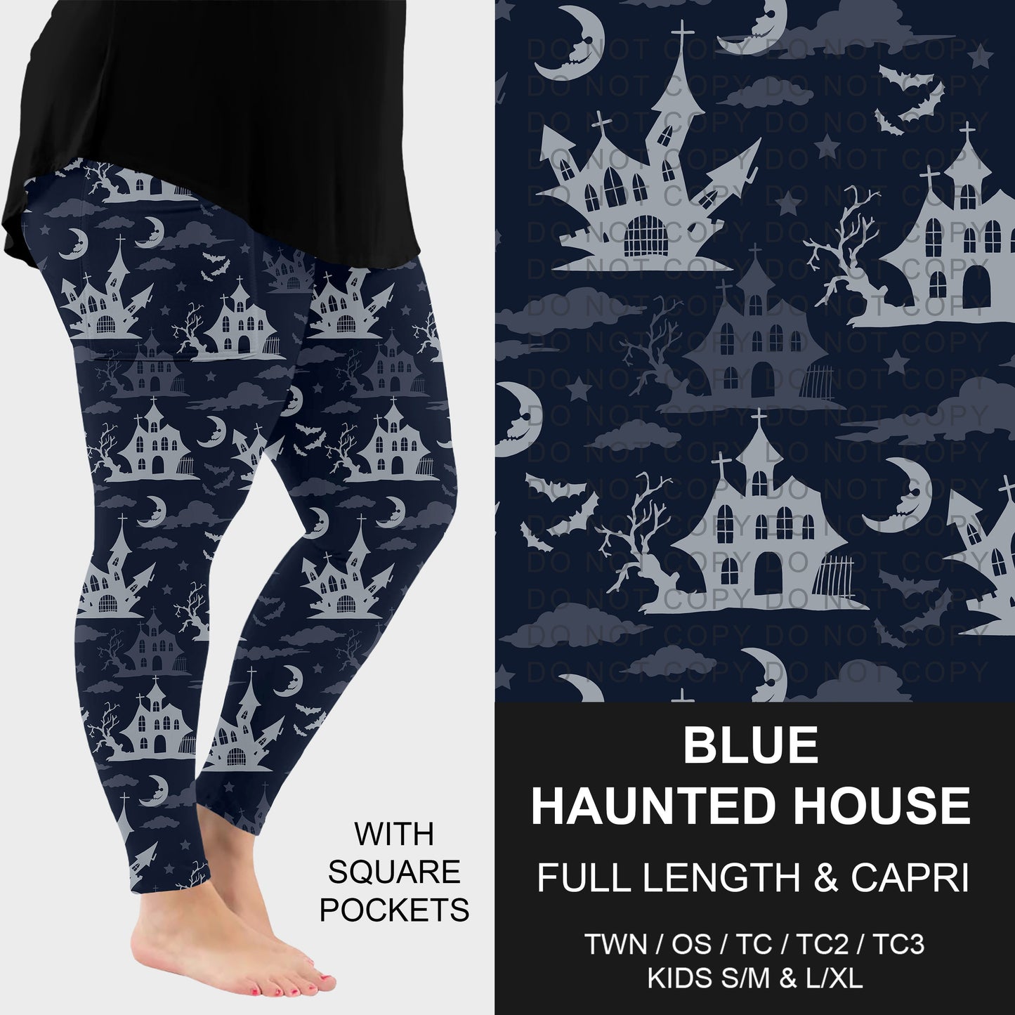 B305 - Preorder Blue Haunted House Leggings w/ Pockets (Closes 8/02. ETA: early Oct.)