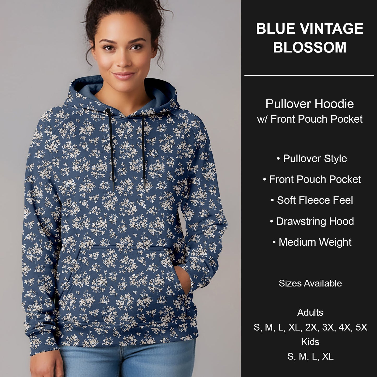 B266 - Preorder Blue Vintage Blossom Pullover Hoodie (Closes 12/17. ETA late Feb.)