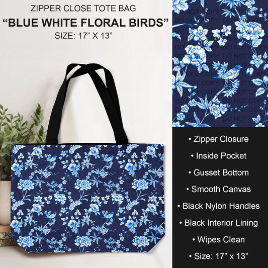 B232 - Preorder Blue White Floral Birds Tote Bag (Closes 6/04. ETA: late July)