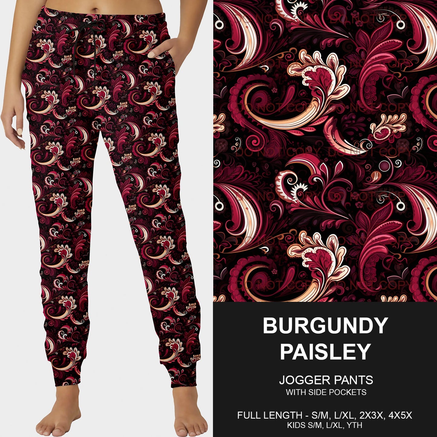 B213 - Preorder Burgundy Paisley Joggers (Closes 2/16. ETA early May)