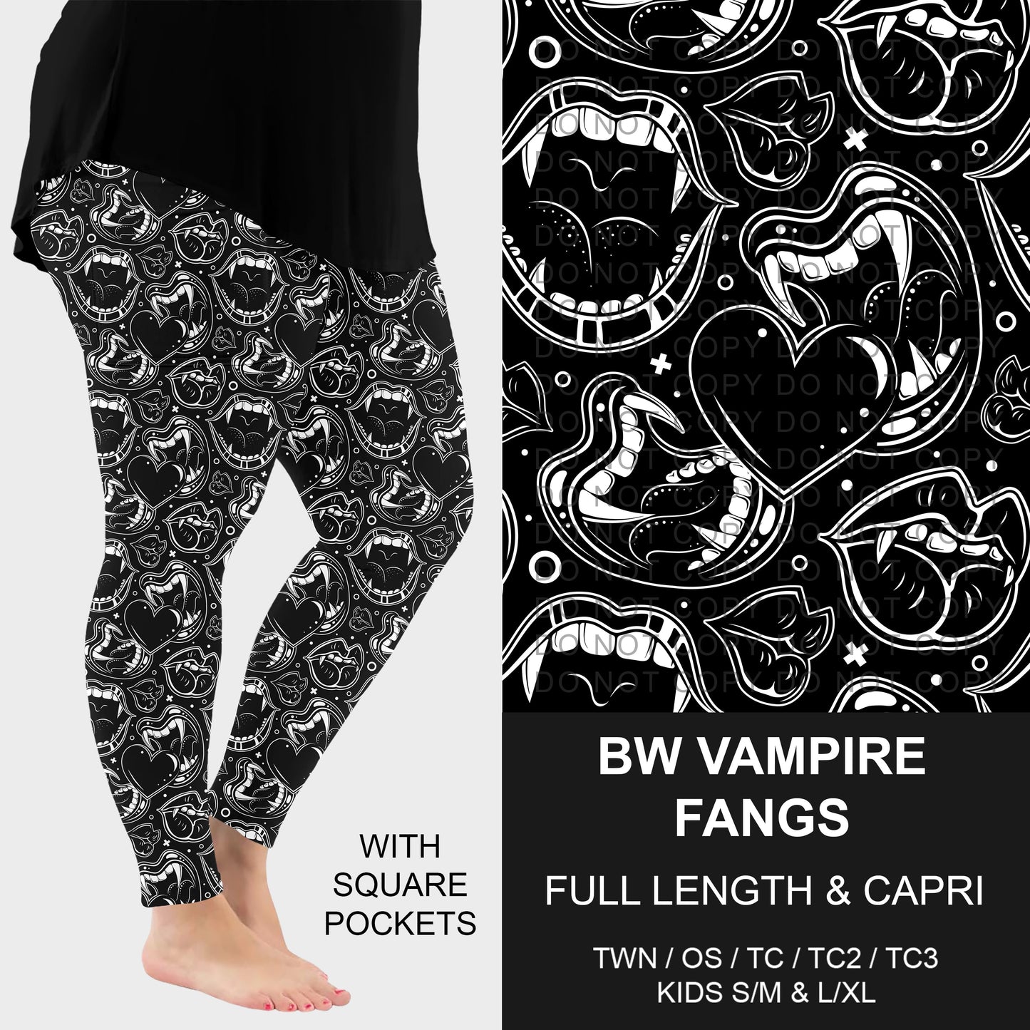 B295 - Preorder BW Vampire Fangs Leggings w/ Pockets (Closes 6/14. ETA: late Aug.)