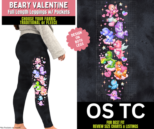 Beary Valentine Watercolor Leggings w/ Side Leg Designs Choose Fleece or Traditional