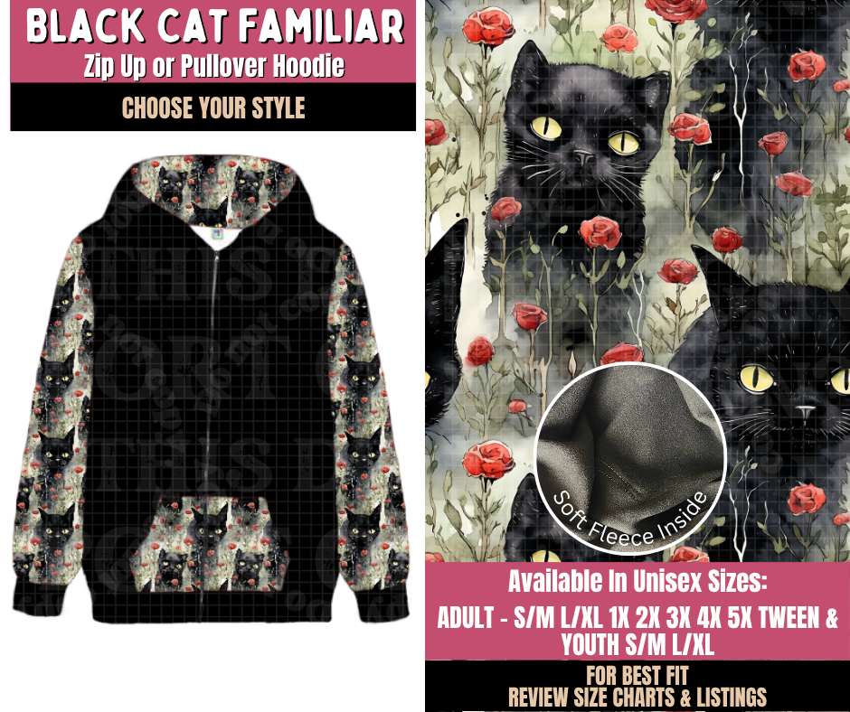 Preorder! Closes 10/1. ETA Dec. Black Cat Familiar Zip-Up or Pullover Hoodie