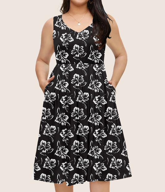 RTS - Black and White Flowers Sleeveless Pocket Dress