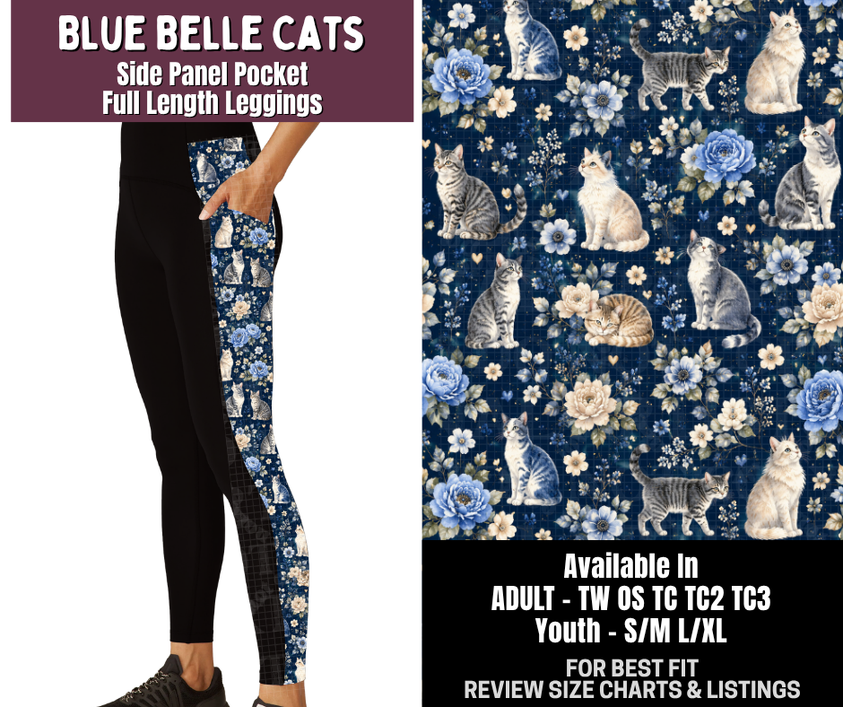 Preorder! Closes 9/14. ETA Dec. Blue Belle Cats Side Panel Pocket Full Length Leggings