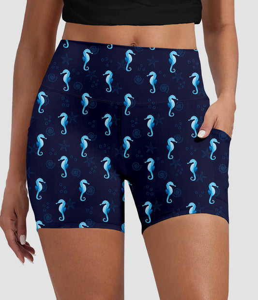 RTS - Blue Seahorse Biker Shorts w/ Pockets